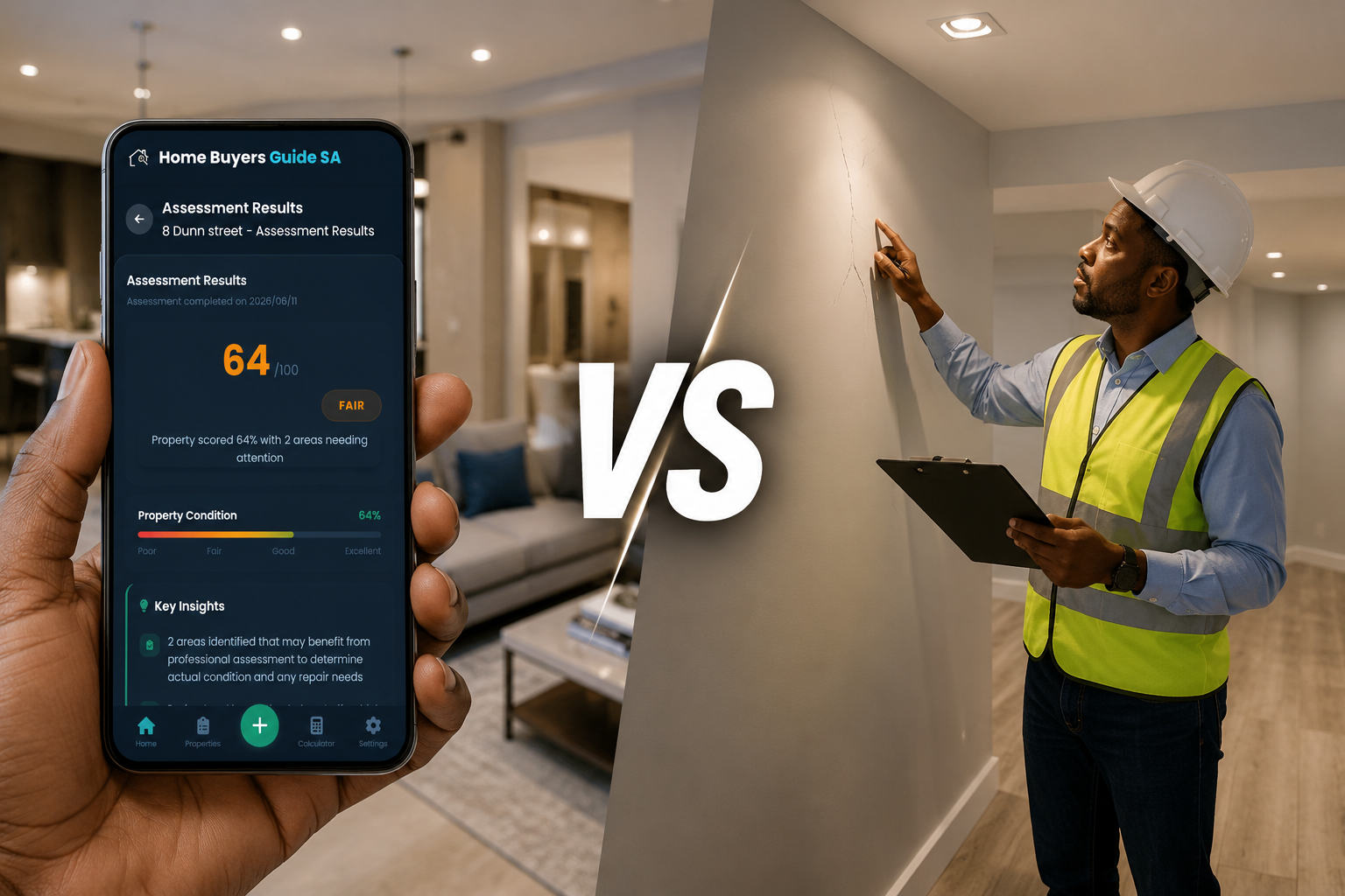South African couple using a property inspection app during house viewing alongside a professional building inspector