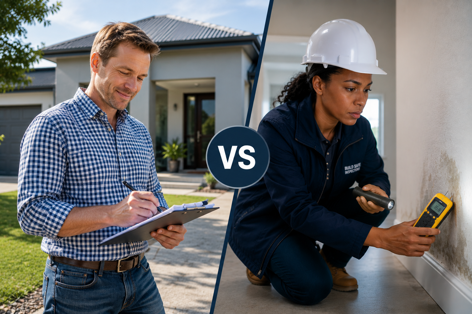 Split scene showing a bank valuer with a clipboard on the left and a professional property inspector using a moisture meter on the right