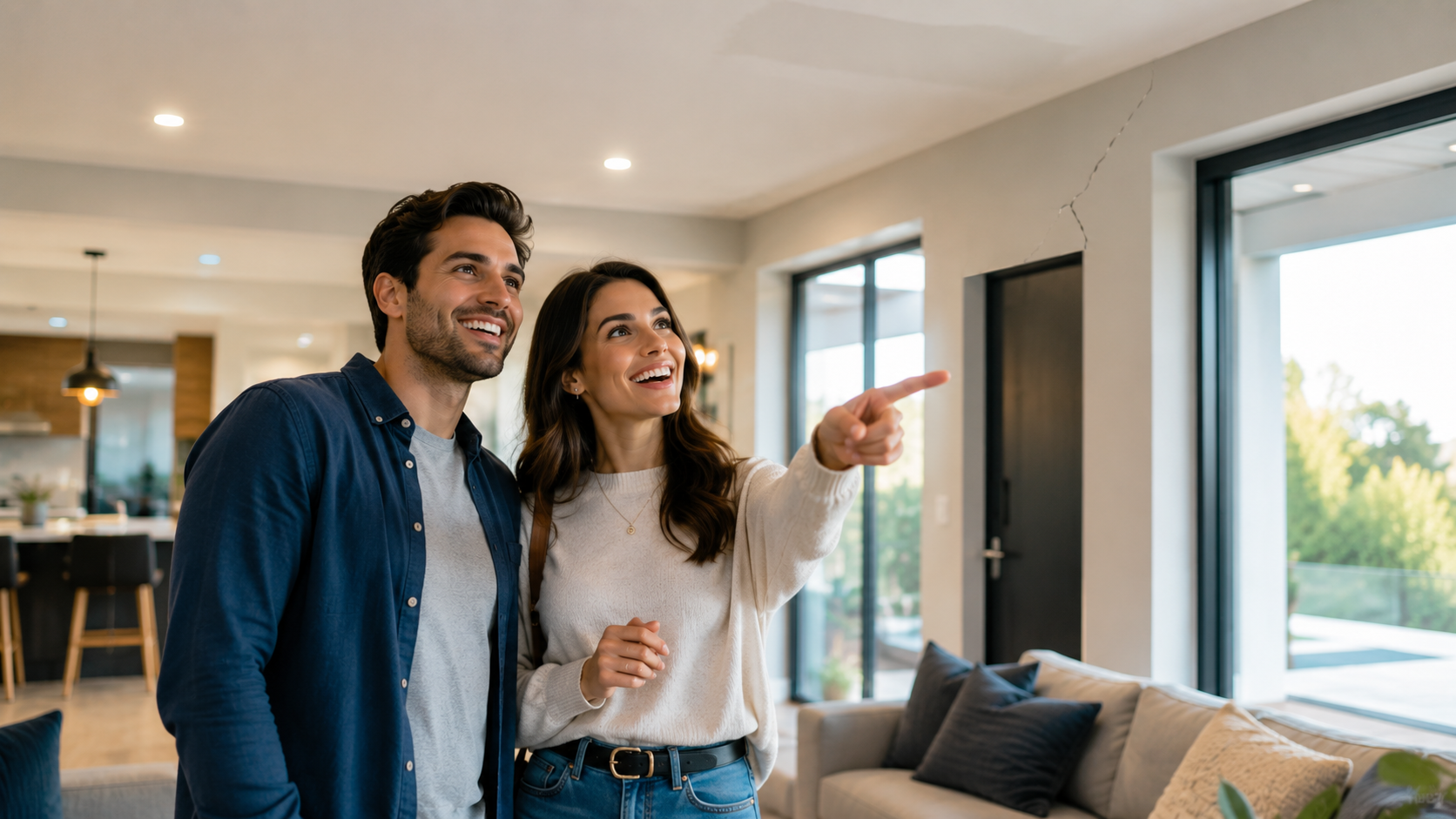 Excited first-time South African home buyers viewing a house with subtle hidden defects visible around them