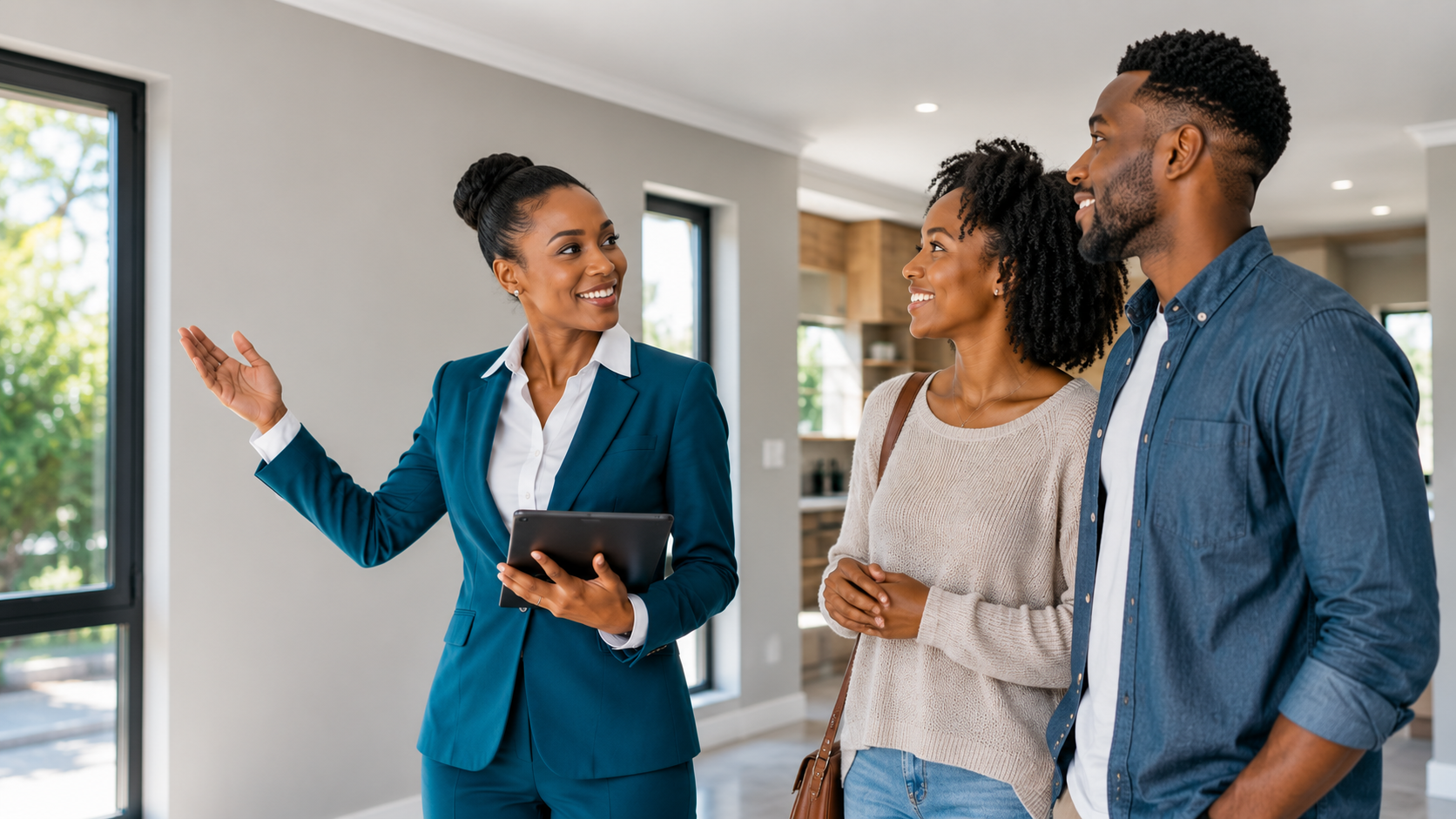 South African estate agent showing a house while hidden property defects go unnoticed in the background