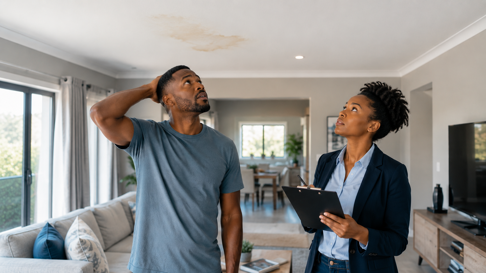 South African family dealing with a burst geyser and flooded living room while an insurance assessor inspects the damage