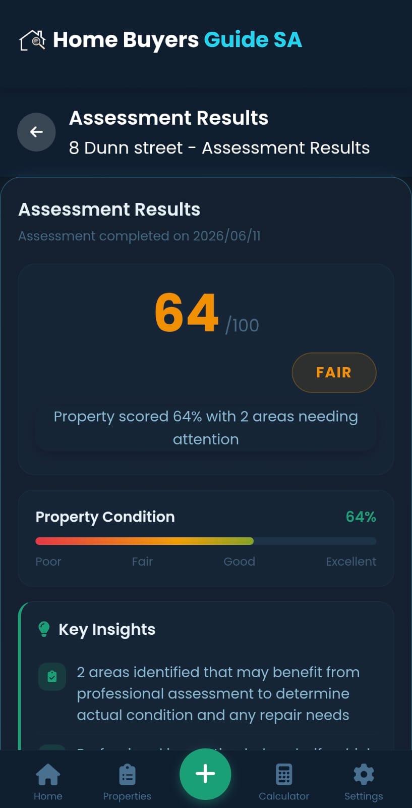 Professional property assessment results with scores