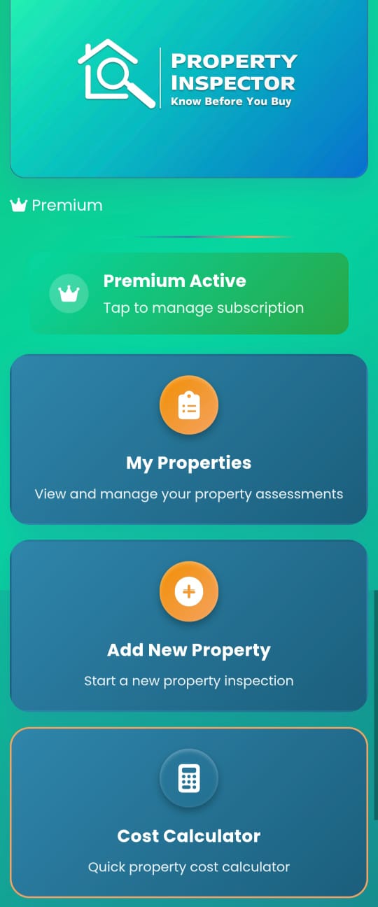 Home buying checklist app showing property assessment categories